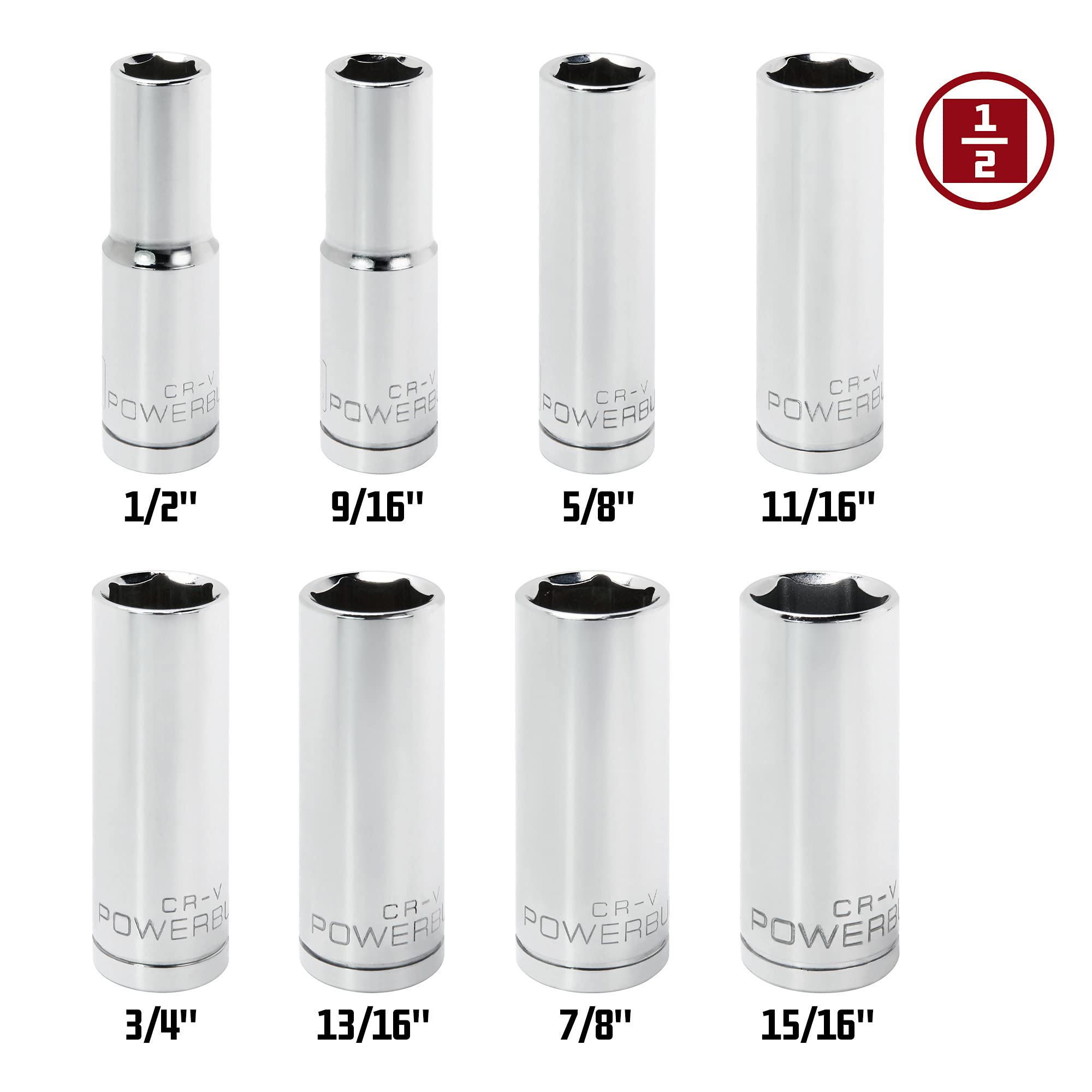 8 Pc. Powerbuilt 1/2 in. Drive SAE Deep Well Socket Set, 1/2 in. to 15/16 in.