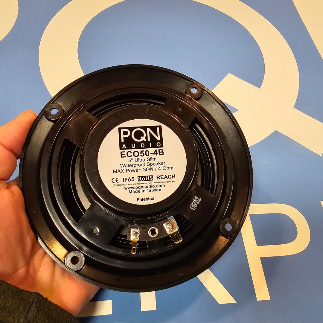 PQN Audio 5 inch Eco50-4BK Ultra Slim Waterproof Marine Speaker for RV, Camper, Cabinet and Hot tub. Chemical and UV Resistant. Wall and Floor Mount Outdoor Speakers (Black)