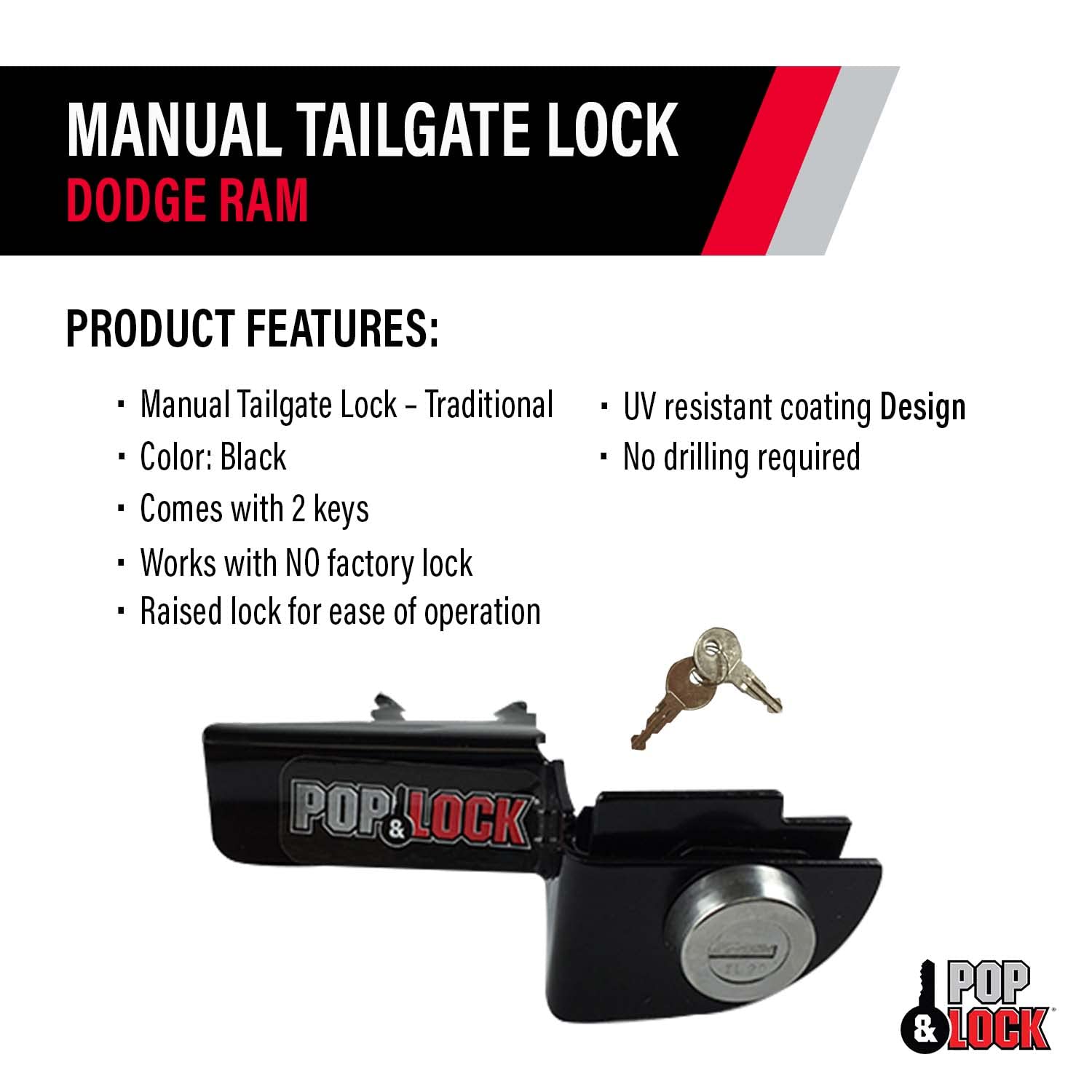 Manual Tailgate Lock – Pop & Lock for Dodge Ram 1500, 2500, and 3500, Fits 1994 to 2001 (Black, PL3300, Works with No Factory Lock)
