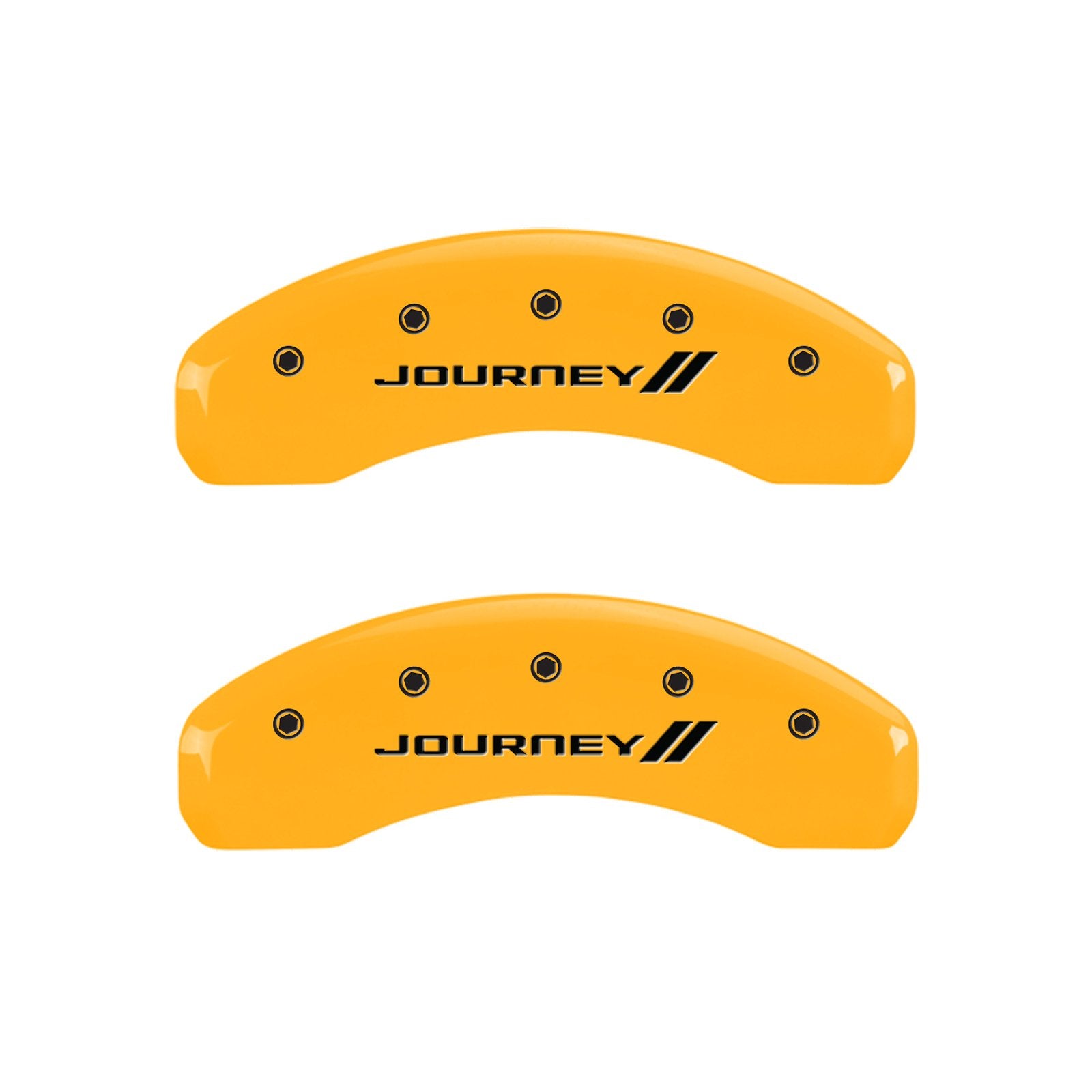 Caliper Covers MGP 12200SJNYYL Yellow (Set of 4, Engraved Front and Rear: With stripes/Journey, Yellow powder coat finish, black characters)