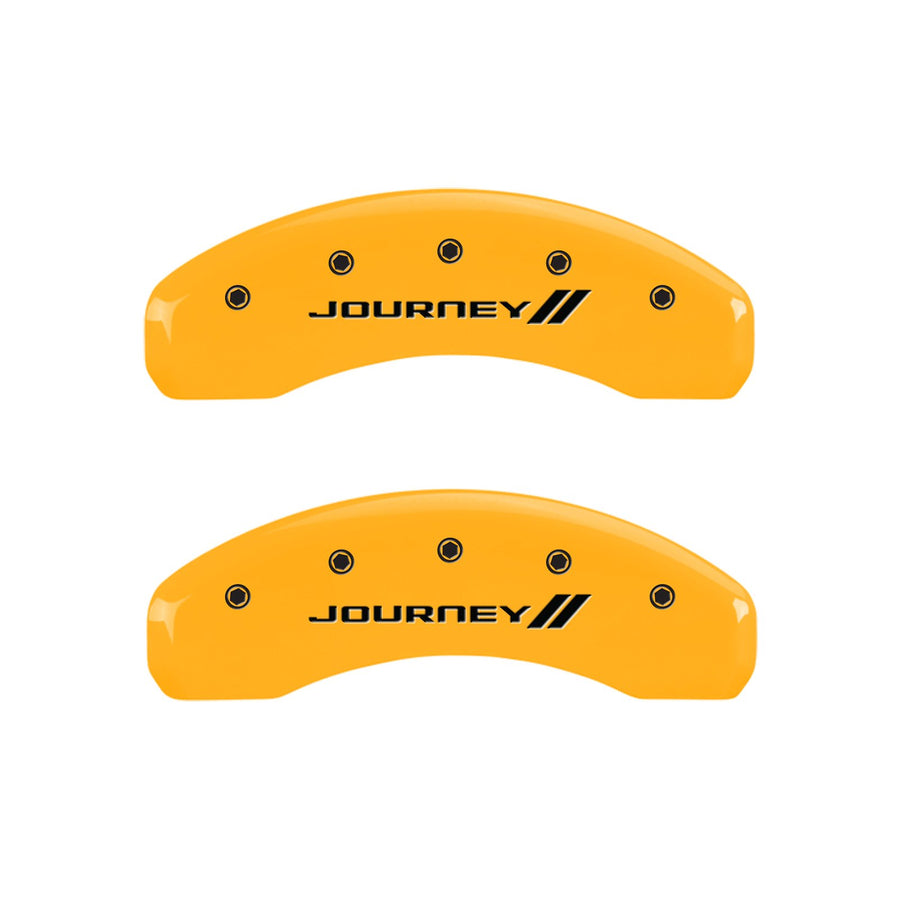 Caliper Covers MGP 12200SJNYYL Yellow (Set of 4, Engraved Front and Rear: With stripes/Journey, Yellow powder coat finish, black characters)
