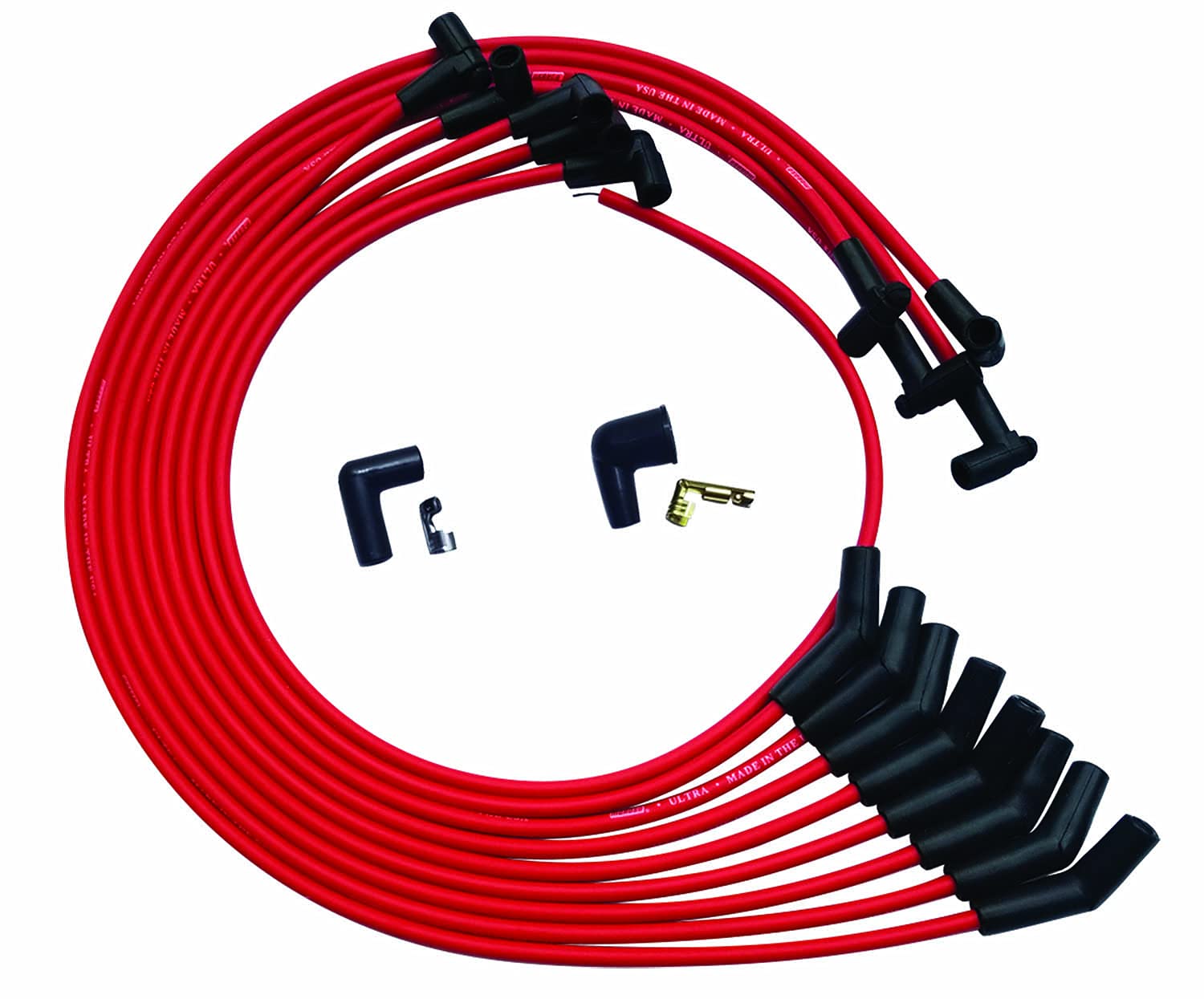 Moroso Ultra Series Red Spark Plug Wires, Small Block Chevy, Routing Under Header, 135 Degree Plug Ends, HEI Distributor