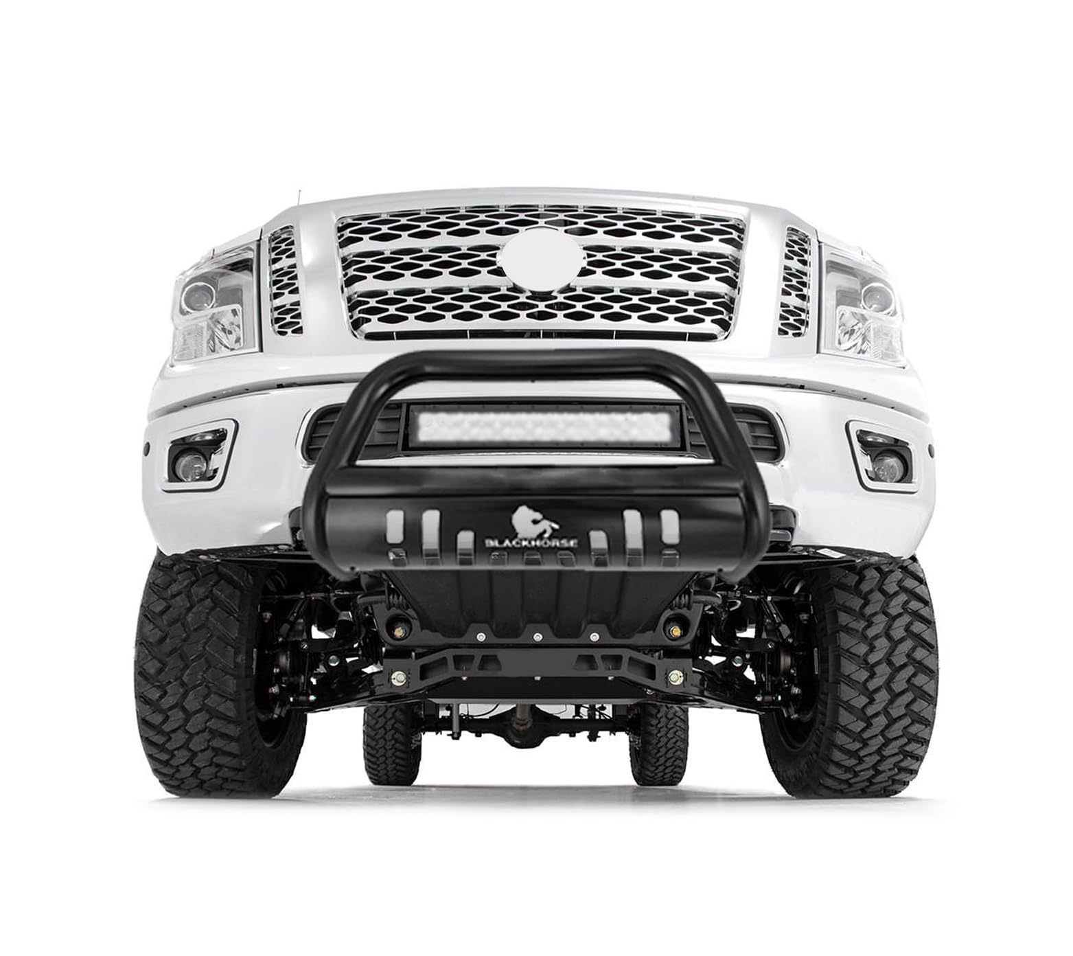 Bull Bar Black Horse Skid Plate Satin Black Compatible with 2012-2021 Nissan NV1500|2012-2021 Nissan NV2500|2012-2021 Nissan NV3500|2016-2024 Nissan Titan XD-BB113206A-SP