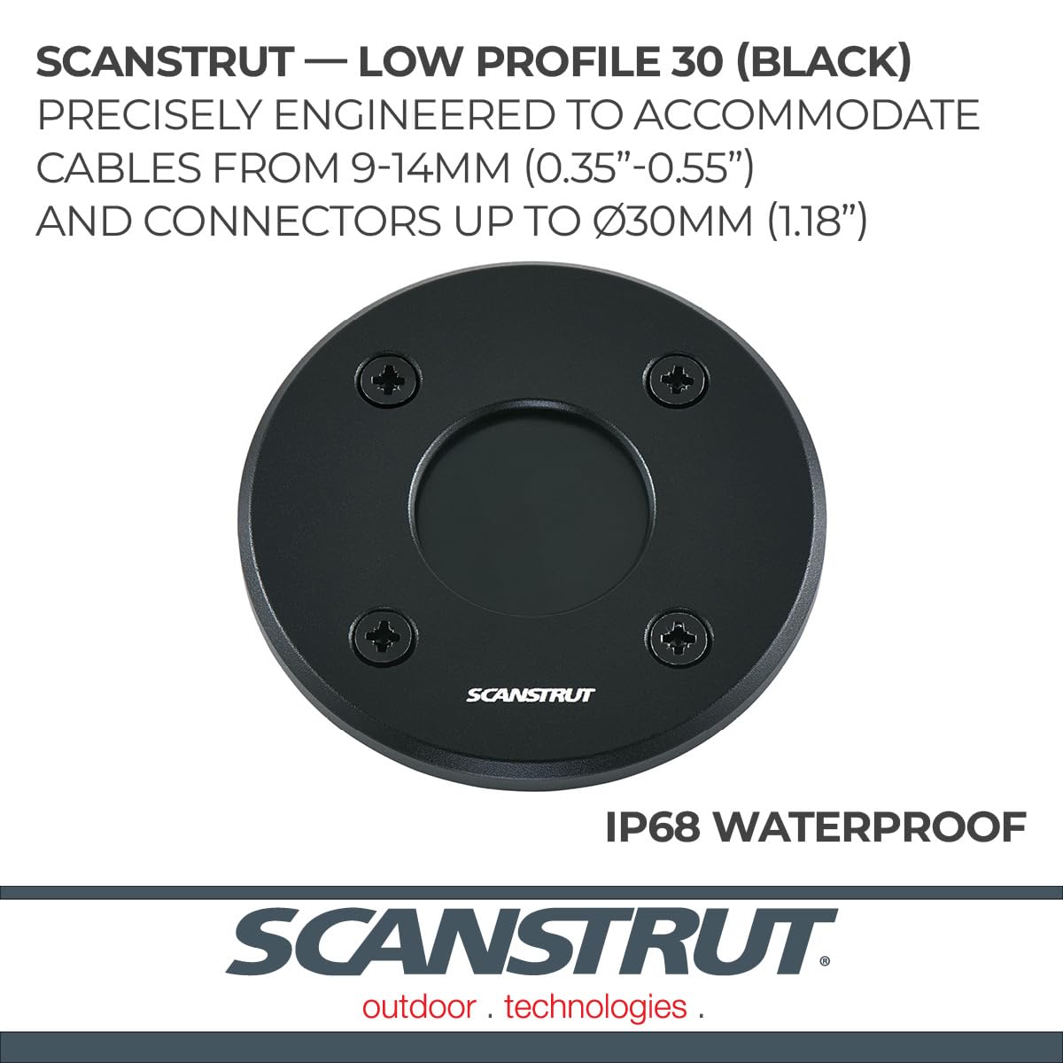 Scanstrut IP68 Low-Profile Cable Seal DS-LP-30-BLK - Fits Cables 9-14mm (0.35"-0.55") & Connectors Ø30mm (1.18"), Black Aluminum