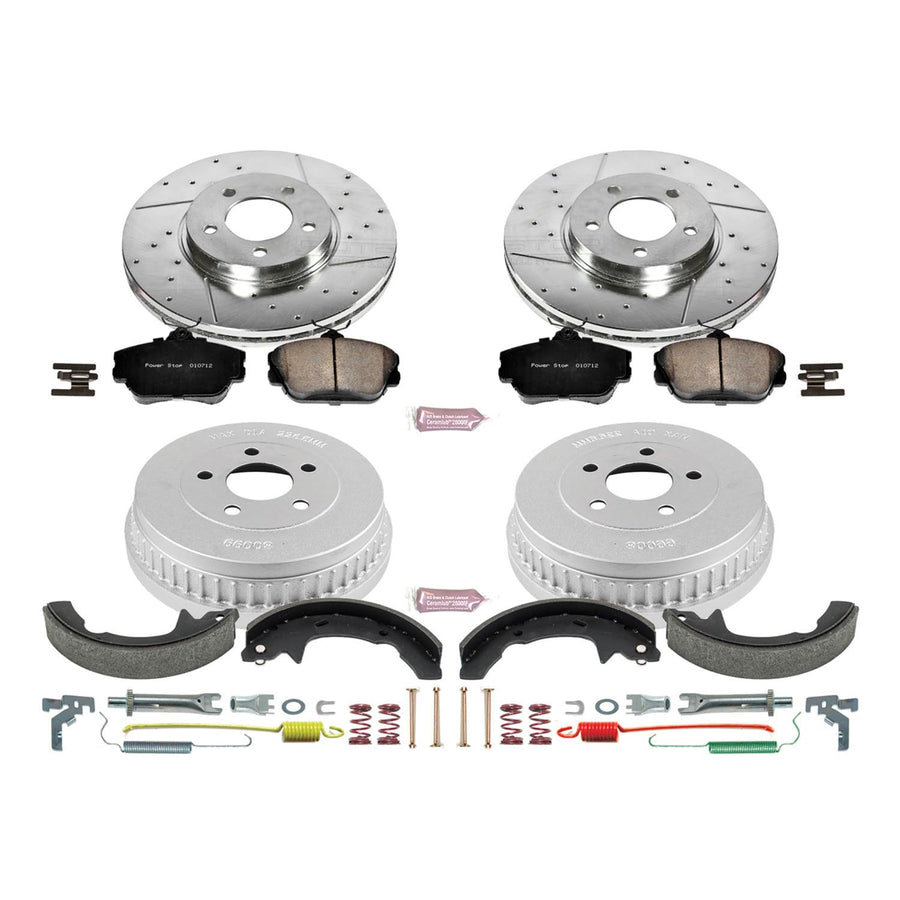 Power Stop K15102DK Z23 Carbon Fiber Brake Pads Front and Rear with Drilled & Slotted Brake Drums Kit For Ford Taurus 2001-2007, Mercury Sable 2001-2005 [Model Specific]