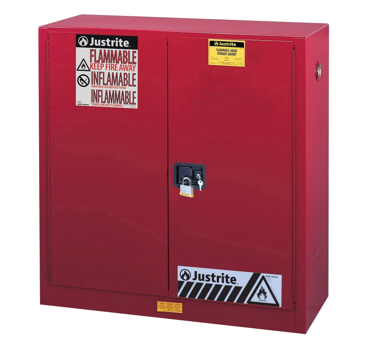 Justrite 40 Gallon Paint and Ink Self Close Safety Cabinet, 18 Gauge Steel, 3 Shelves, 43" x 44" x 18", 2 Door Combustibles Cabinet, Made in The USA, Red, 893031