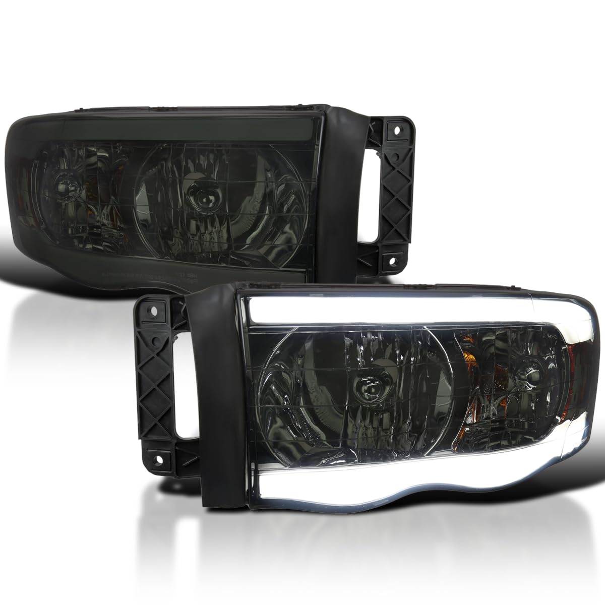 Smoke LED Tube Headlights SPEC-D TUNING Compatible with 2002-2005 Dodge Ram 1500, 2003-2005 Dodge Ram 2500/3500, Left + Right Pair Headlamps Assembly