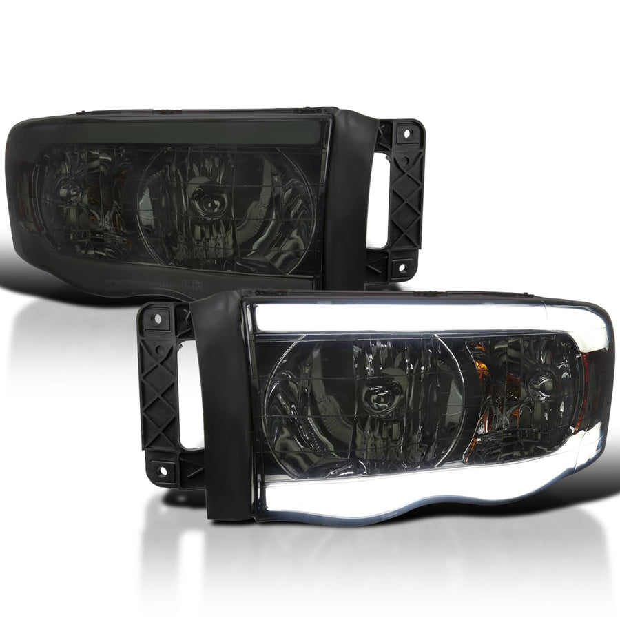 Smoke LED Tube Headlights SPEC-D TUNING Compatible with 2002-2005 Dodge Ram 1500, 2003-2005 Dodge Ram 2500/3500, Left + Right Pair Headlamps Assembly