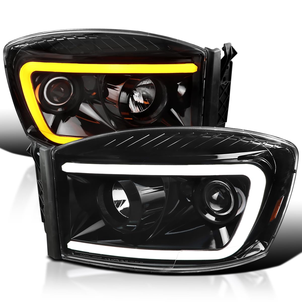 Jet Black SPEC-D TUNING Projector Headlights w/Switchback LED Light Bar Compatible with 2006-2008 Dodge Ram 1500, 2500, 3500, Left + Right Pair Headlamps Assembly