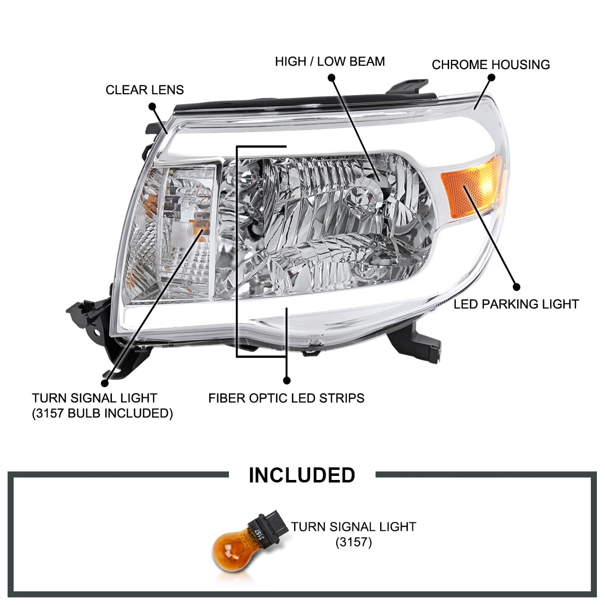 Chrome Headlights w/LED Tube SPEC-D TUNING Compatible with 2005-2011 Toyota Tacoma, Left + Right Pair Headlamps Assembly