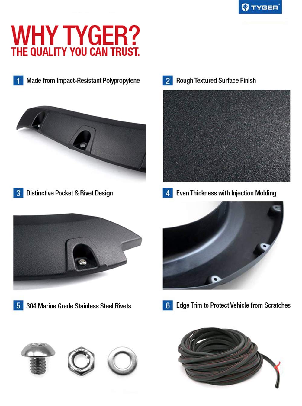 Tyger Auto TG-FF8D4137 Fender Flare Set for 2010-2018 Dodge Ram 2500 3500 (ONLY Fit Fleetside Models with 76.3" & 98.3" Bed) | Rugged Textured Black Pocket Bolt-Riveted, 4 Piece