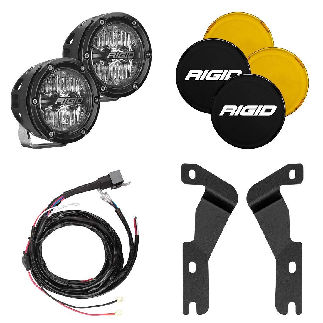 Rigid A-Pillar 46708 Light Kit, FITS 2016-2020 Tacoma, Inc 2 A-Pillar Mounting Brackets, 2x4 Inch 360-Series Drive Lights - Amber Back Lighting, Black Light Covers, Amber Light Covers, Wiring Harness