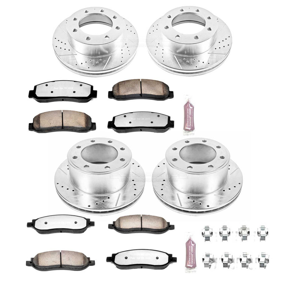 Brake Kit Power Stop For 2005-2007 Ford F-250 F-350 [4WD Single Rear Wheel Models] - Front and Rear Truck & Tow, Carbon Fiber Ceramic Brake Pads, Drilled and Slotted Brake Rotors Replacement, K1782-36