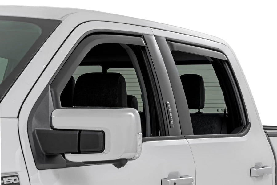 Rough Country Window Rain Guards in-Channel for Ford F-150, Lightning, F-250, F-350, Raptor Crew Cab (2015-2025) - Low Profile Visors, 4-Pc Rain Guard for Trucks