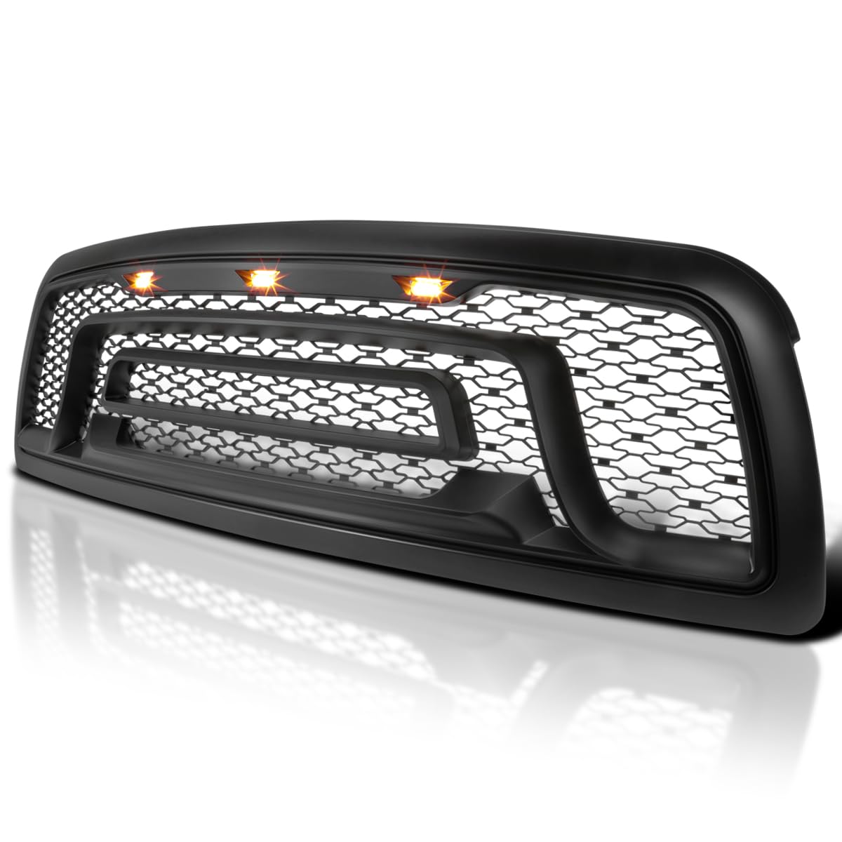 Matte Black Spec-D Tuning Front Bumper Hood Grille w/Amber LED Lights Compatible with 2009-2012 Dodge Ram 1500