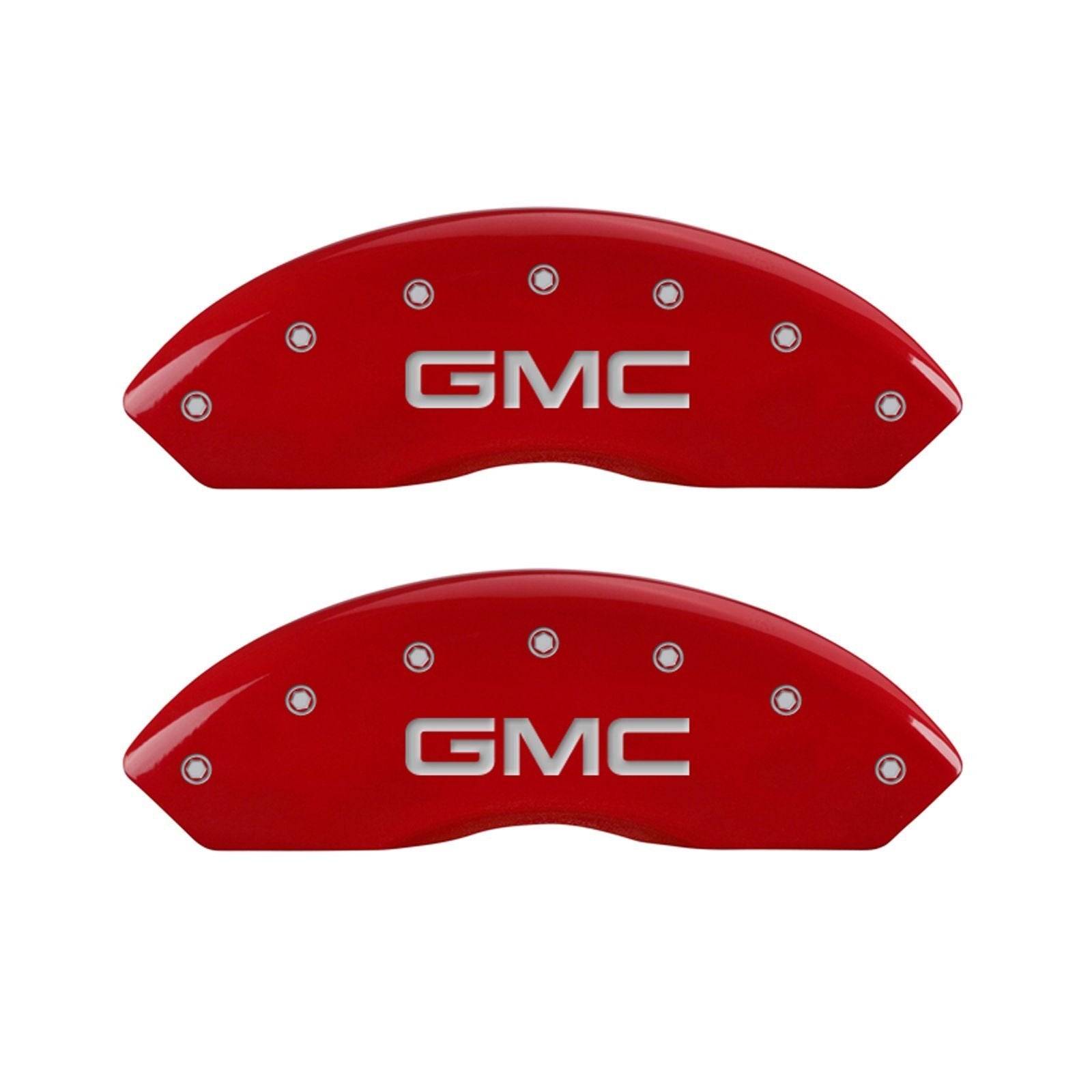 MGP Caliper Covers Front Caliper Cover 34012FGMCRD Red Powder Coat Finish, Set of 2 (GMC, Silver Characters, Engraved)