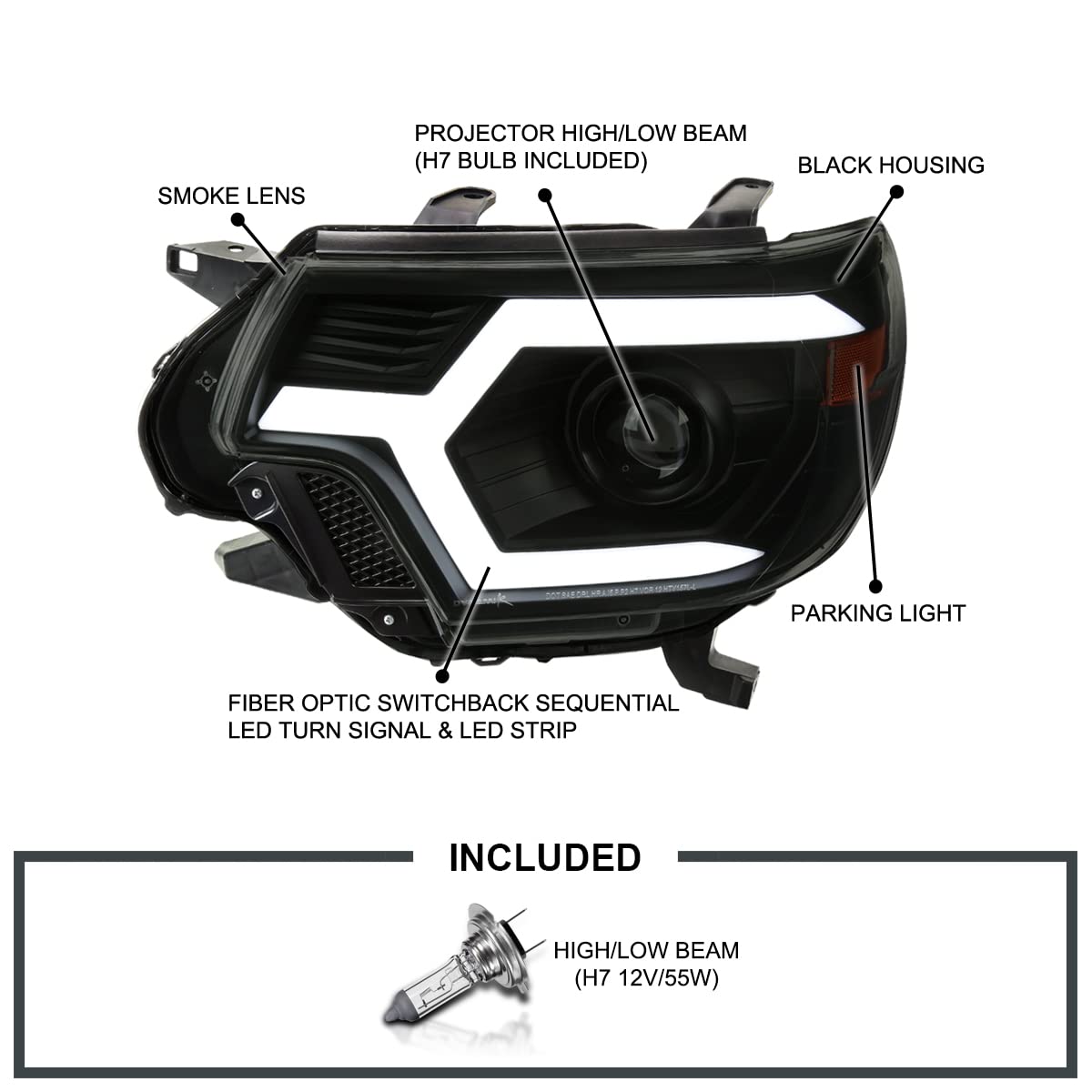 Black Smoke SPEC-D TUNING Projector Headlights w/Switchback Sequential LED Turn Signal Bar Compatible with 2012-2015 Toyota Tacoma, Left + Right Pair Headlamps Assembly