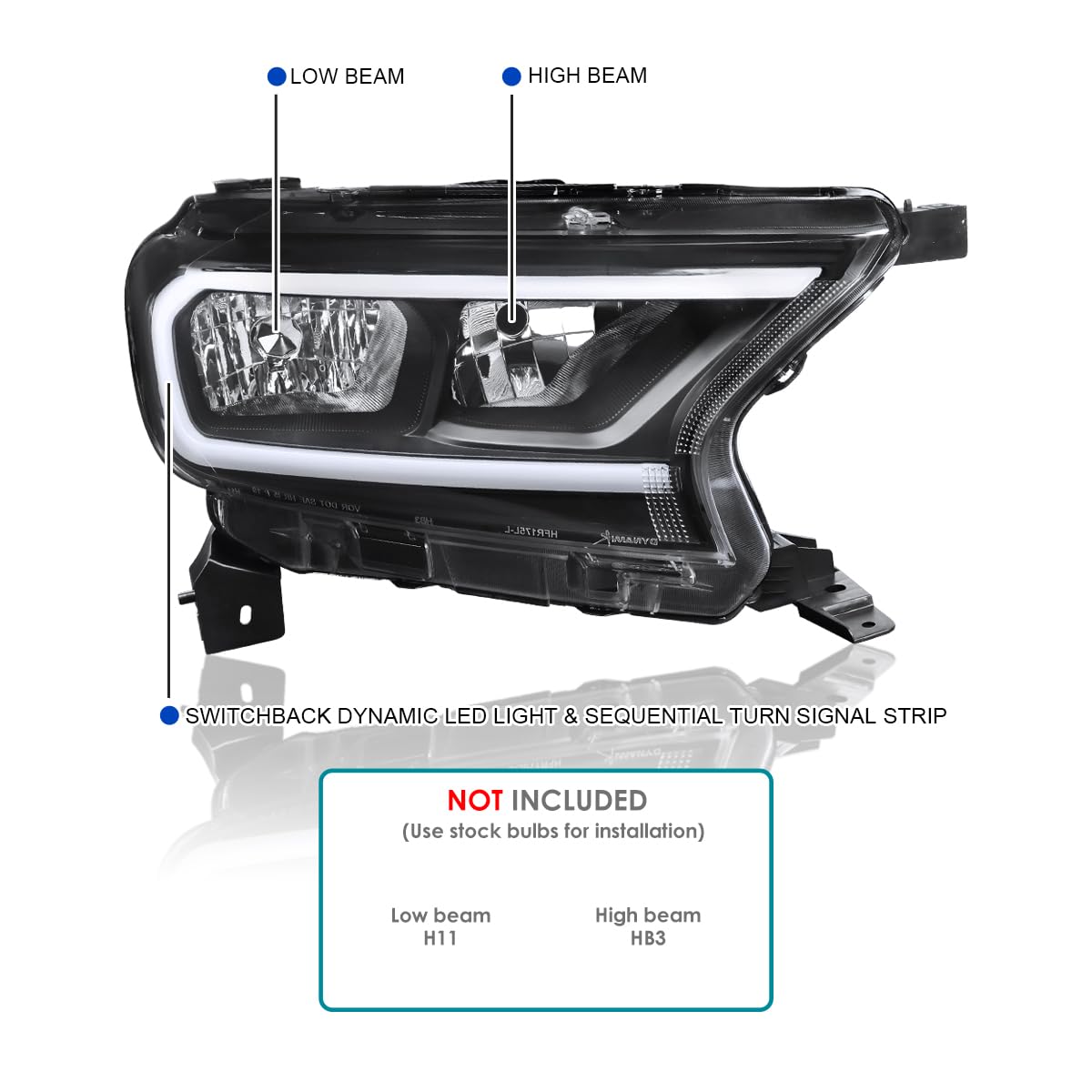 Black LED Strip Headlights SPEC-D TUNING w/Switchback and Sequential Turn Signals Compatible with 2019-2023 Ford Ranger XL/XLT, Left + Right Pair Headlamps Assembly