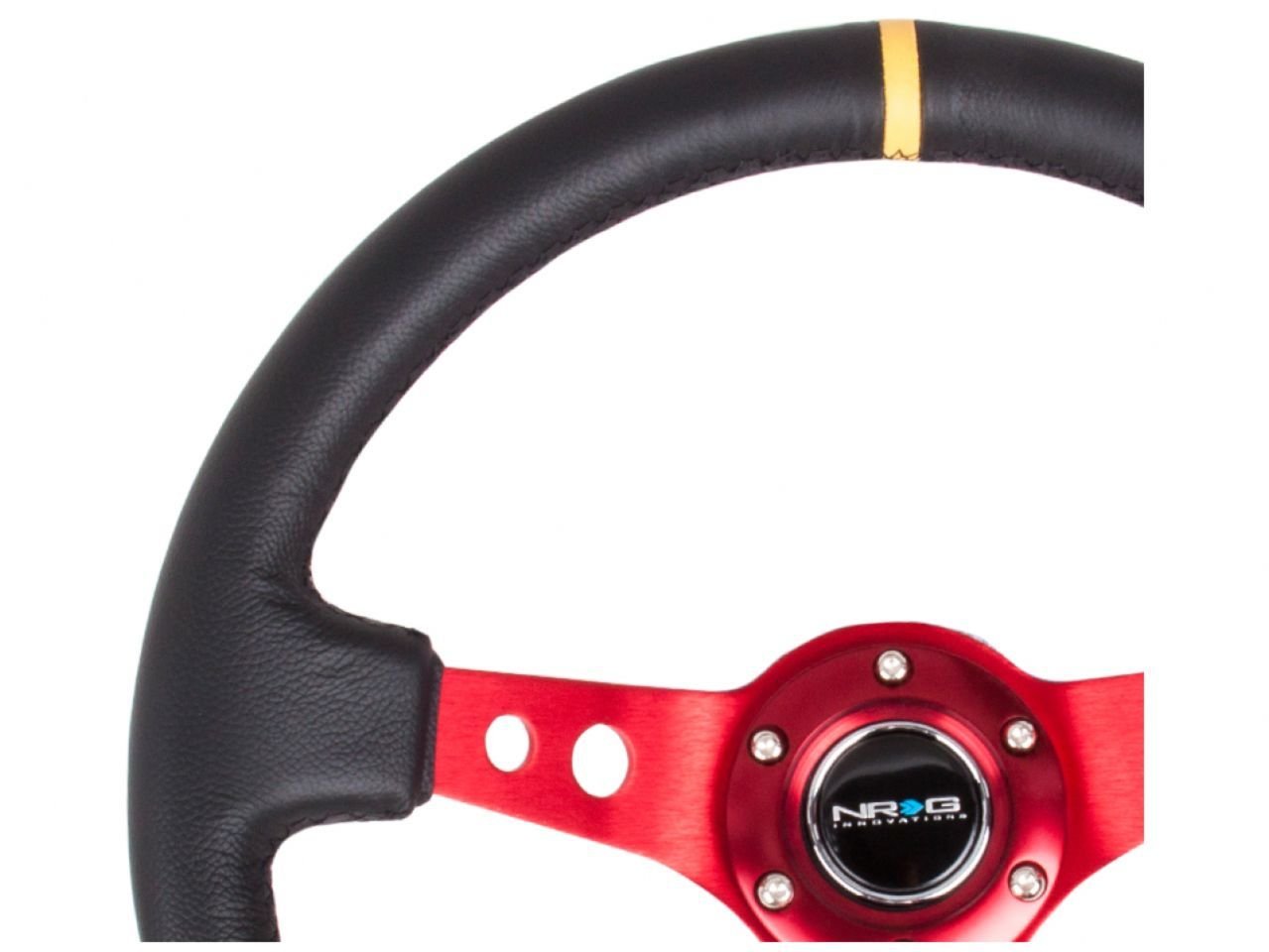 NRG Innovations Reinforced NRG-RST-006RD-Y Steering Wheel - 350mm Sport Steering Wheel (3" Deep) - Red Spoke with Round holes, Black Leather, Yellow Center Mark