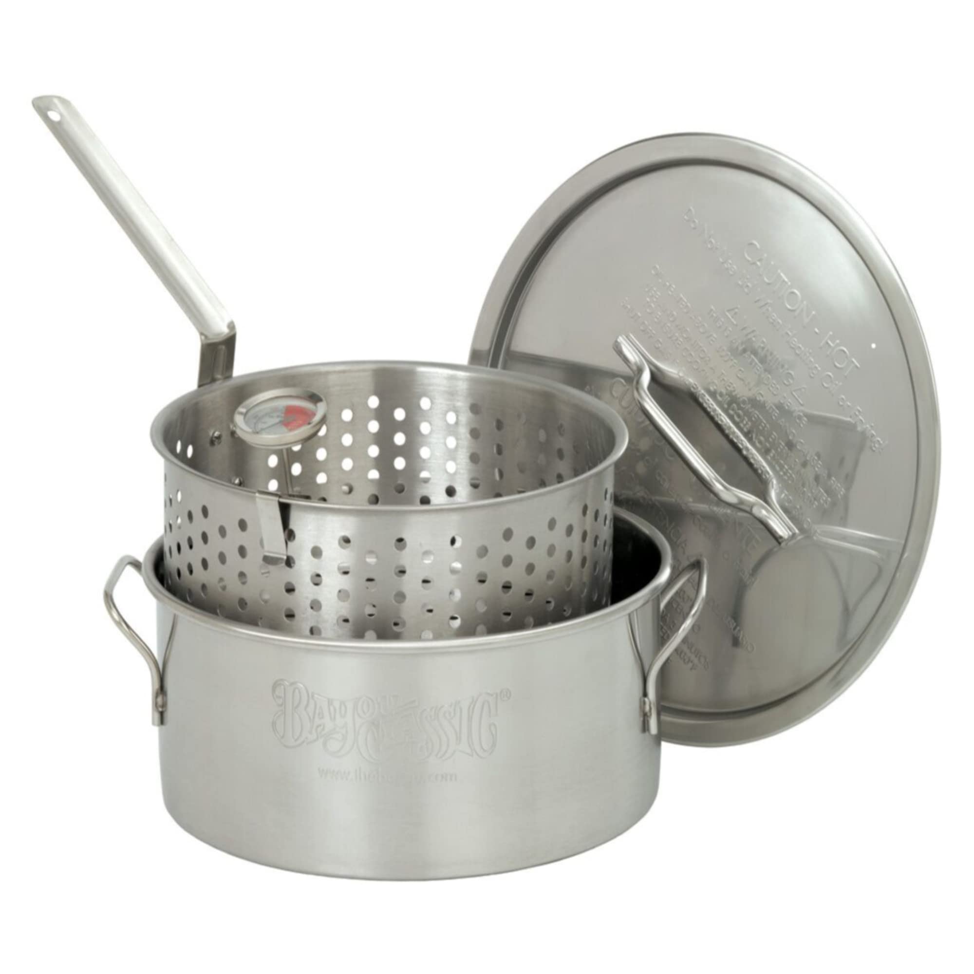 10-qt Bayou Classic Stainless Steel Fry Pot Perfect For Frying Fish Shrimp Chicken Hushpuppies and Fries Includes Stainless Steel Perforated Basket 5-in Frying Thermometer and Stainless Lid