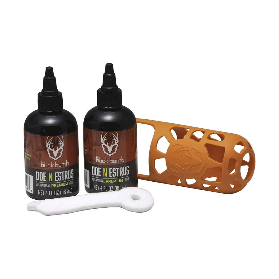 Buck Bomb Primetime Rut Kit Hunters Specialties w/Scent Hammock | 4 Oz Doe 'N Estrus Liquid Scent Attractant for Hunting - 2 Bottles