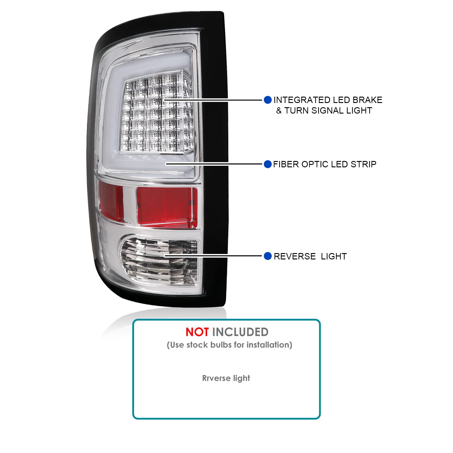 Chrome LED Tail Lights SPEC-D TUNING w/White LED Light Bar Compatible with 2009-2018 Dodge Ram 1500, 2010-2018 Dodge Ram 2500/3500, Left + Right Pair Assembly
