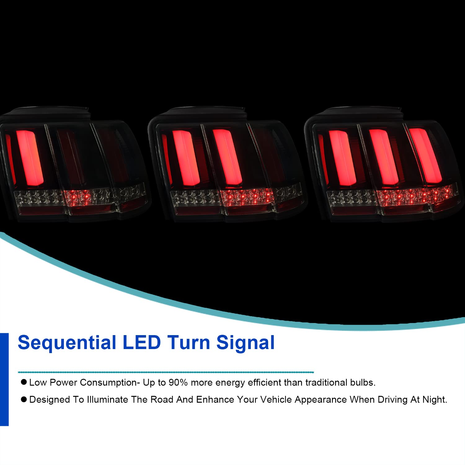 Glossy Black Smoke SPEC-D TUNING Sequential LED Bar Tail Lights Compatible with 1999-2004 Ford Mustang, Left + Right Pair Assembly