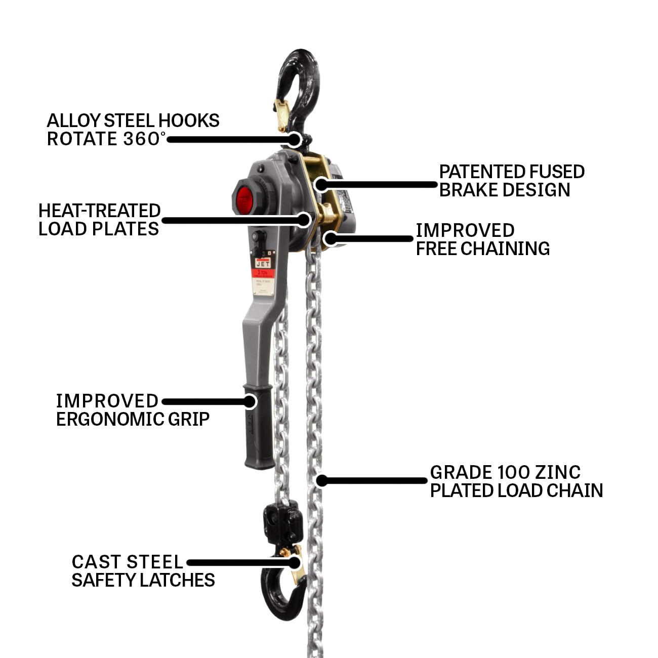 3-Ton JET Lever Hoist, 10' Lift, Overload Protection (JLH-300WO-10)