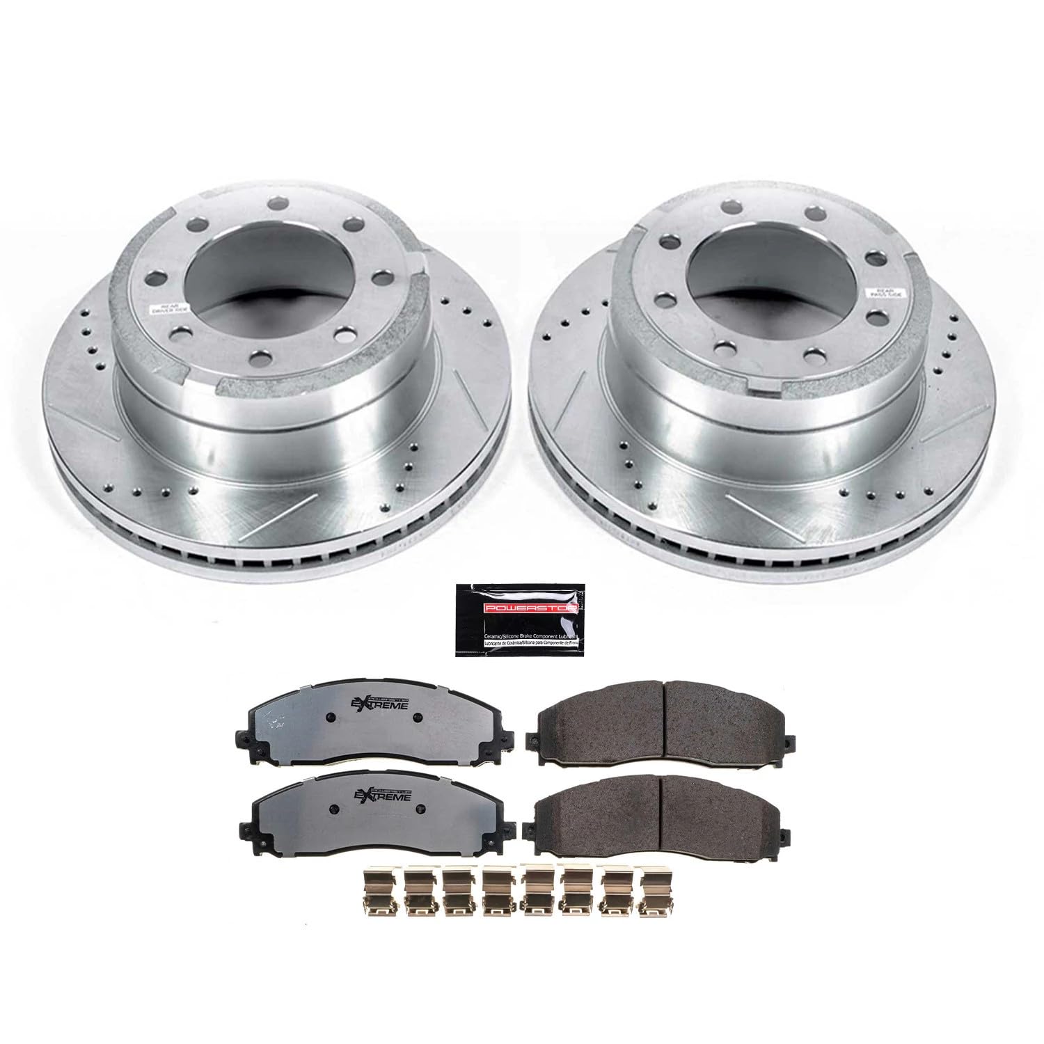 Power Stop Brake Kit For 2013 2014 2015 2016-2022 F-250 F-350 Ford Super Duty Single Rear Wheel Rear Z36 Truck & Tow Carbon Fiber Ceramic Brake Pads and Drilled and Slotted Brake Rotors K6407-36