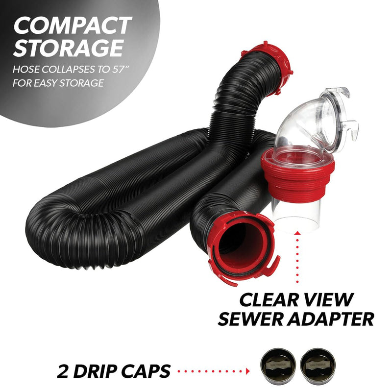 15-Foot Valterra Dominator RV Sewer Hose Kit, Universal Sewer Hose for RV Camper, Includes 15-Foot Hose with Rotating Fittings, 90 Degree ClearView Sewer Adapter, and 2 Drip Caps