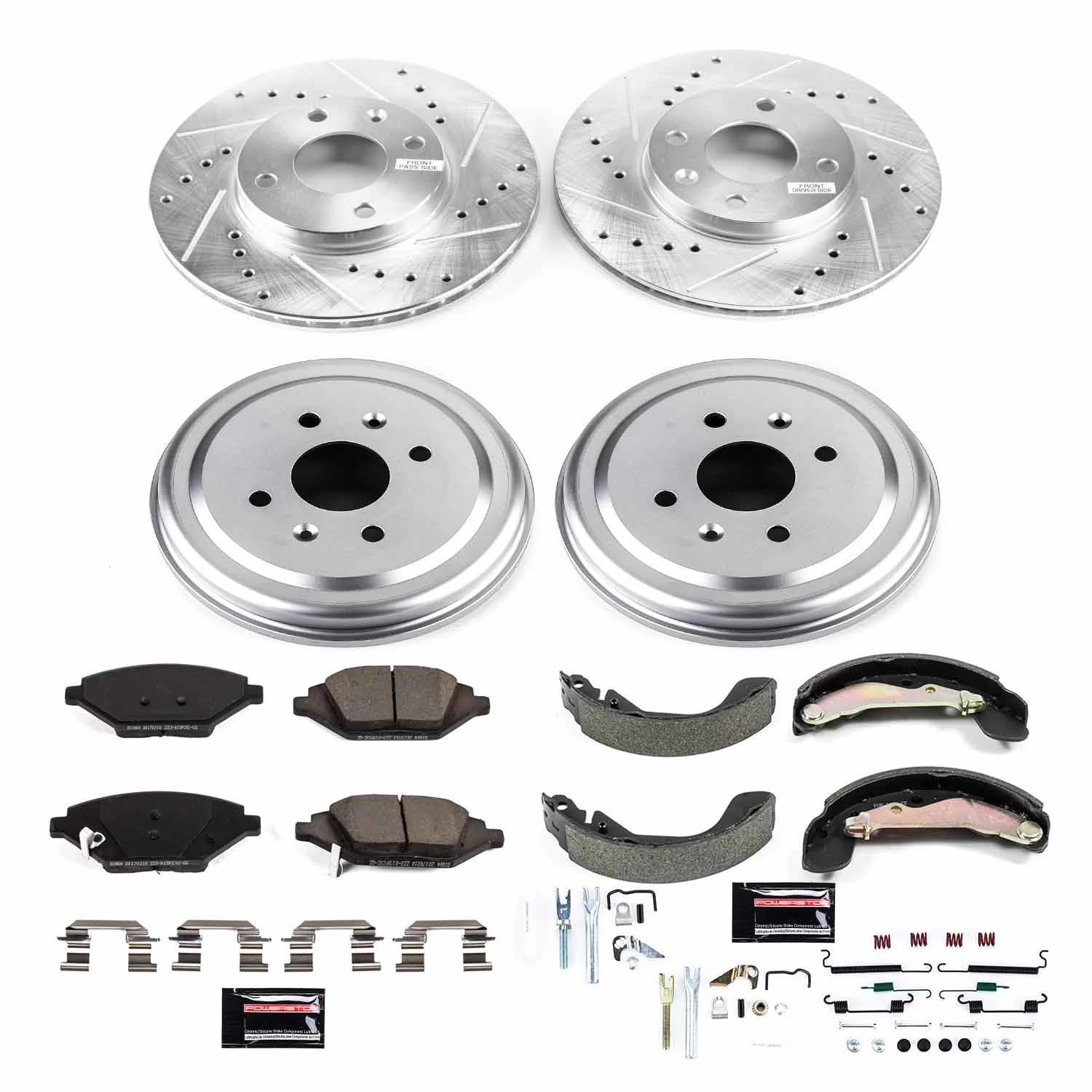 Power Stop K15426DK Z23 Carbon Fiber Brake Pads Front and Rear with Drilled & Slotted Brake Drums Kit For Chevrolet Spark 2016-2021 [Model Specific]