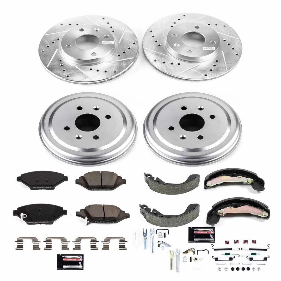 Power Stop K15426DK Z23 Carbon Fiber Brake Pads Front and Rear with Drilled & Slotted Brake Drums Kit For Chevrolet Spark 2016-2021 [Model Specific]