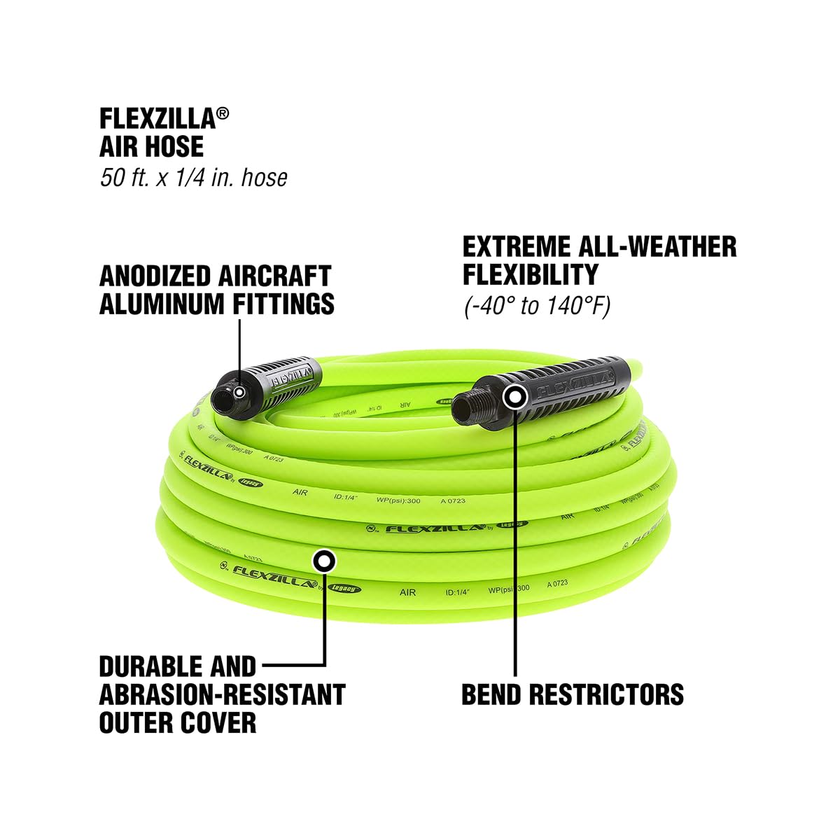Air Hose Flexzilla 1/4 in x 50', 1/4 in. MNPT Fittings, Heavy Duty, Lightweight, Hybrid, ZillaGreen - HFZ1450YW2