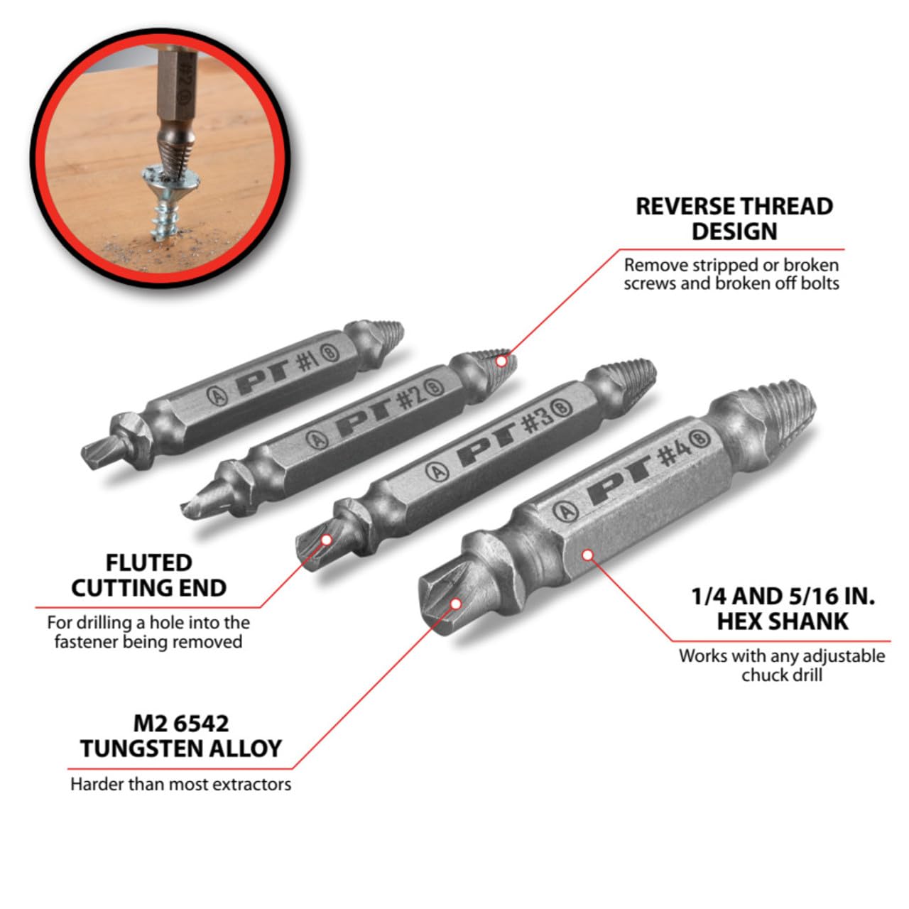 W491 Performance Tool X-Trax Screw Remover Set (4 Pieces) - Removes Stripped or Broken Screws, Dual Tips, Hardened Alloy