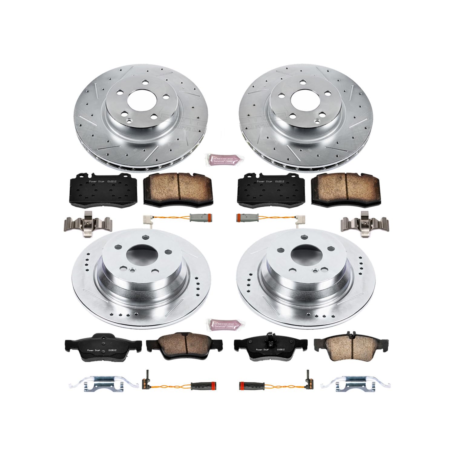 Power Stop K4512 Z23 Carbon Fiber Brake Pads Front and Rear with Drilled & Slotted Brake Rotors Kit and 2 Front & 2 Rear Sensor Wires For Mercedes-Benz E350 2006 [Model Specific]