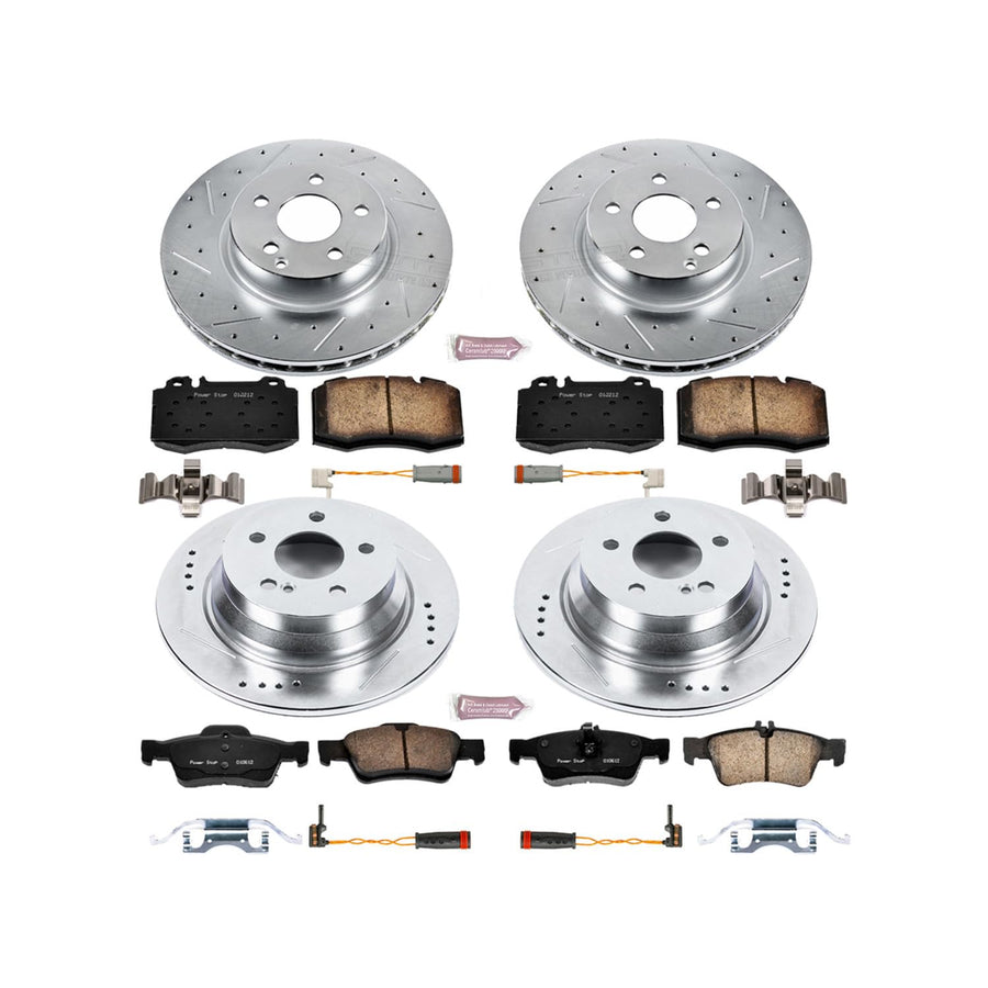 Power Stop K4512 Z23 Carbon Fiber Brake Pads Front and Rear with Drilled & Slotted Brake Rotors Kit and 2 Front & 2 Rear Sensor Wires For Mercedes-Benz E350 2006 [Model Specific]