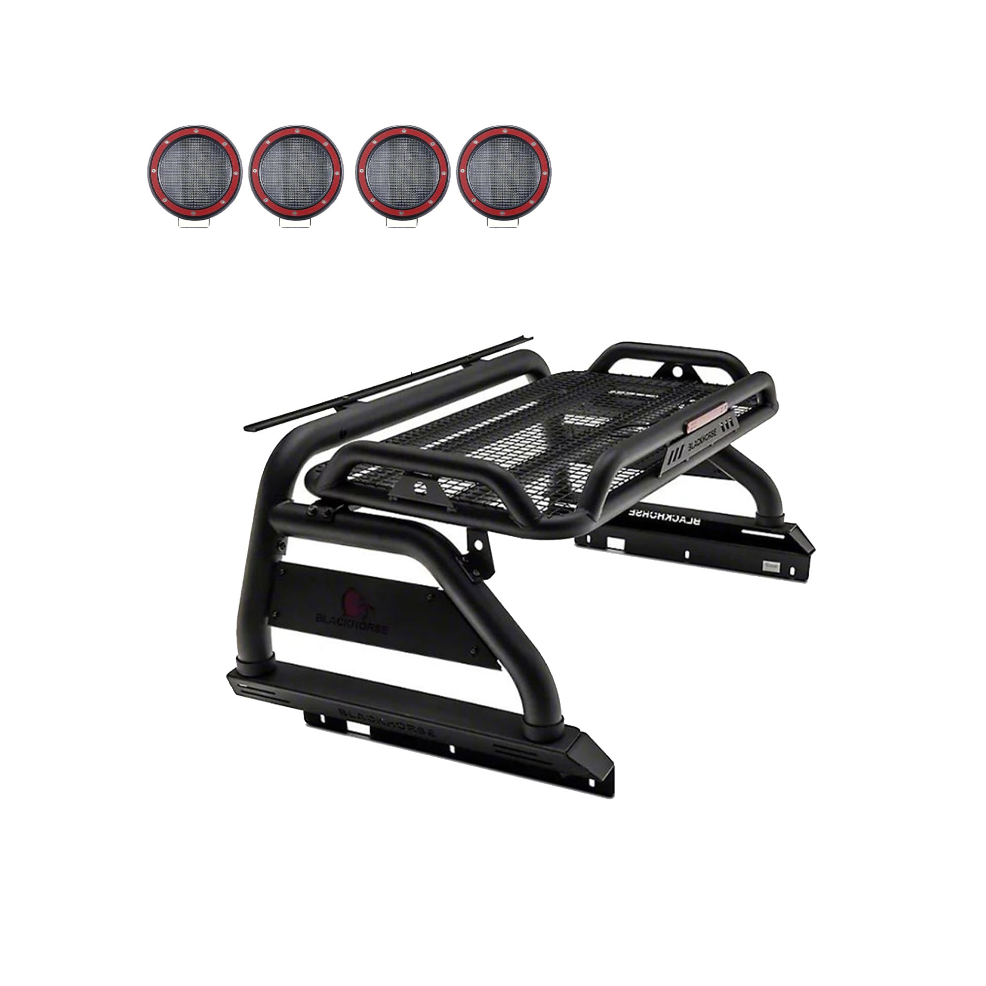 Atlas Roll Bar Black Incl. Set of 5.3" Dia.Led Lights w/Red Trim Rings Compatible with 2019-2022 Ford Ranger-ATRB8BK-PLFR