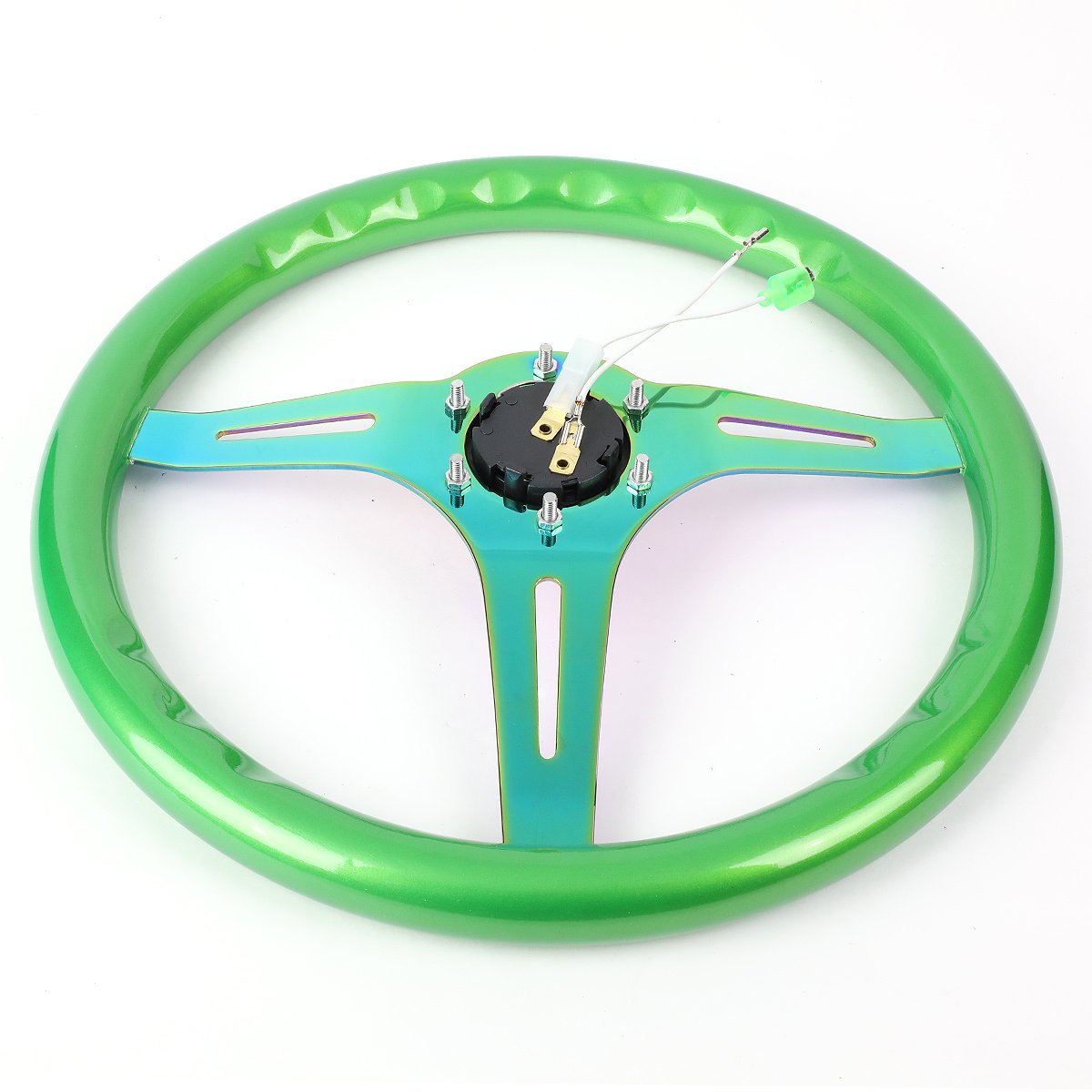 NRG Innovations Classic Wood Grain Steering Wheel NRG-ST-015MC-GN, 350mm 25mm Deep, 3 Neochrome Spokes, Green Pearl/Flake Paint