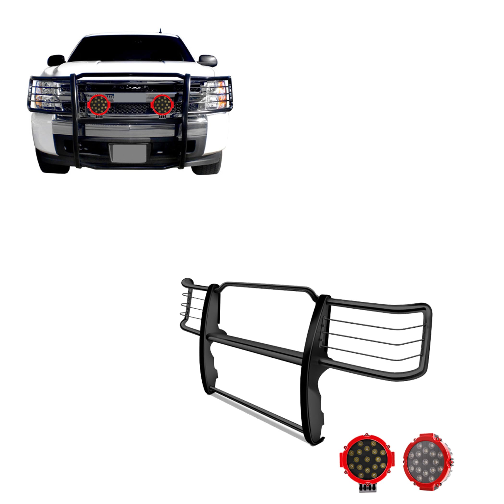 Black Horse Grille Brush Bumper Guard Black Modular Come with Pair of 7.0" Dia.LED Lights with Red Trim Rings Compatible with 2014-2018 Chevrolet Silverado 1500-17GT27MA-PLR