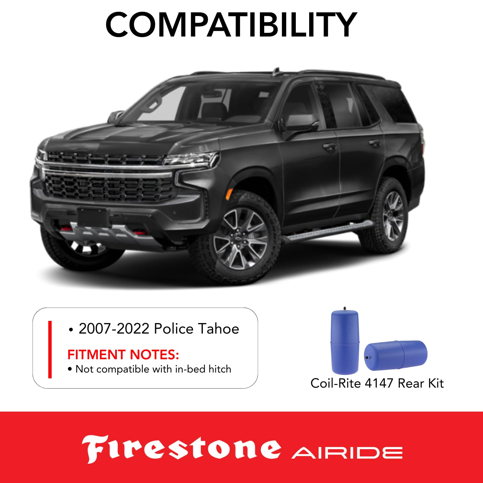 Firestone 4147 Airide Coil-Rite Rear Springs Kit fits 2007-2022 Police Tahoe | 5-35 PSI | No Drill Installation | Load Capacity of 1,000 Pounds | Made of Durable Elastic Polyurethane
