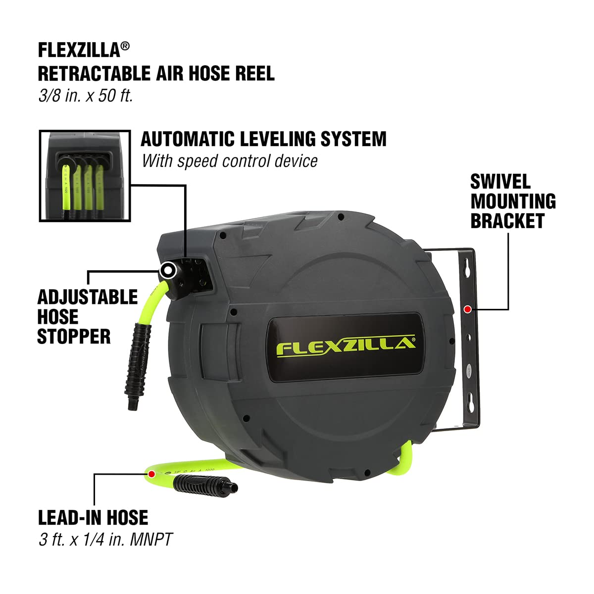 Retractable Flexzilla Enclosed Plastic Air Hose Reel, 3/8 in. x 30 ft, Heavy Duty, Lightweight, Hybrid, ZillaGreen - L8232FZ