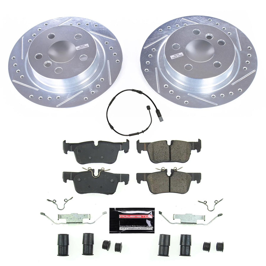 Power Stop K8111 Rear Brake Pads Z23 Carbon Fiber with Drilled & Slotted Brake Rotors Kit and 1 Rear Sensor Wire For Mini Cooper, Mini Cooper Clubman, Mini Cooper Countryman [Model Specific]