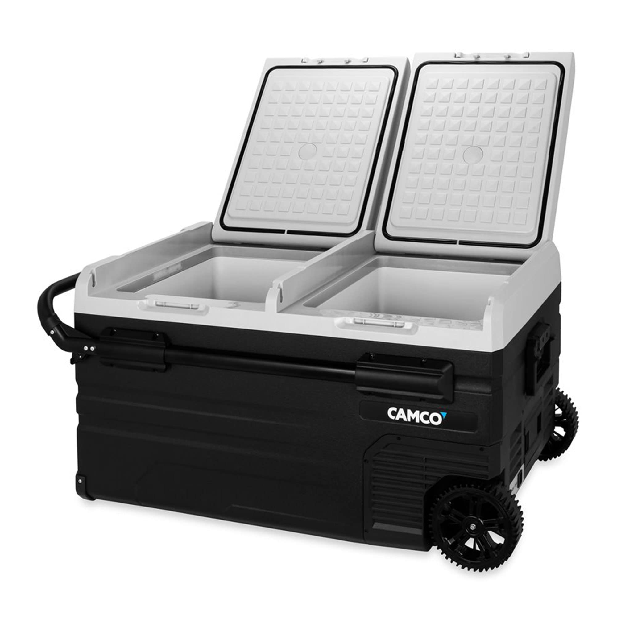 Camco 51520 Portable Refrigerator CAM-750, AC 110V/DC 12V Compact Fridge/Freezer with Dual Zone Cooling, 75-Liter - Keeps Food and Drinks Cold While On-the-Go - Ideal for Road Trips, RVing, Camping, B , Black