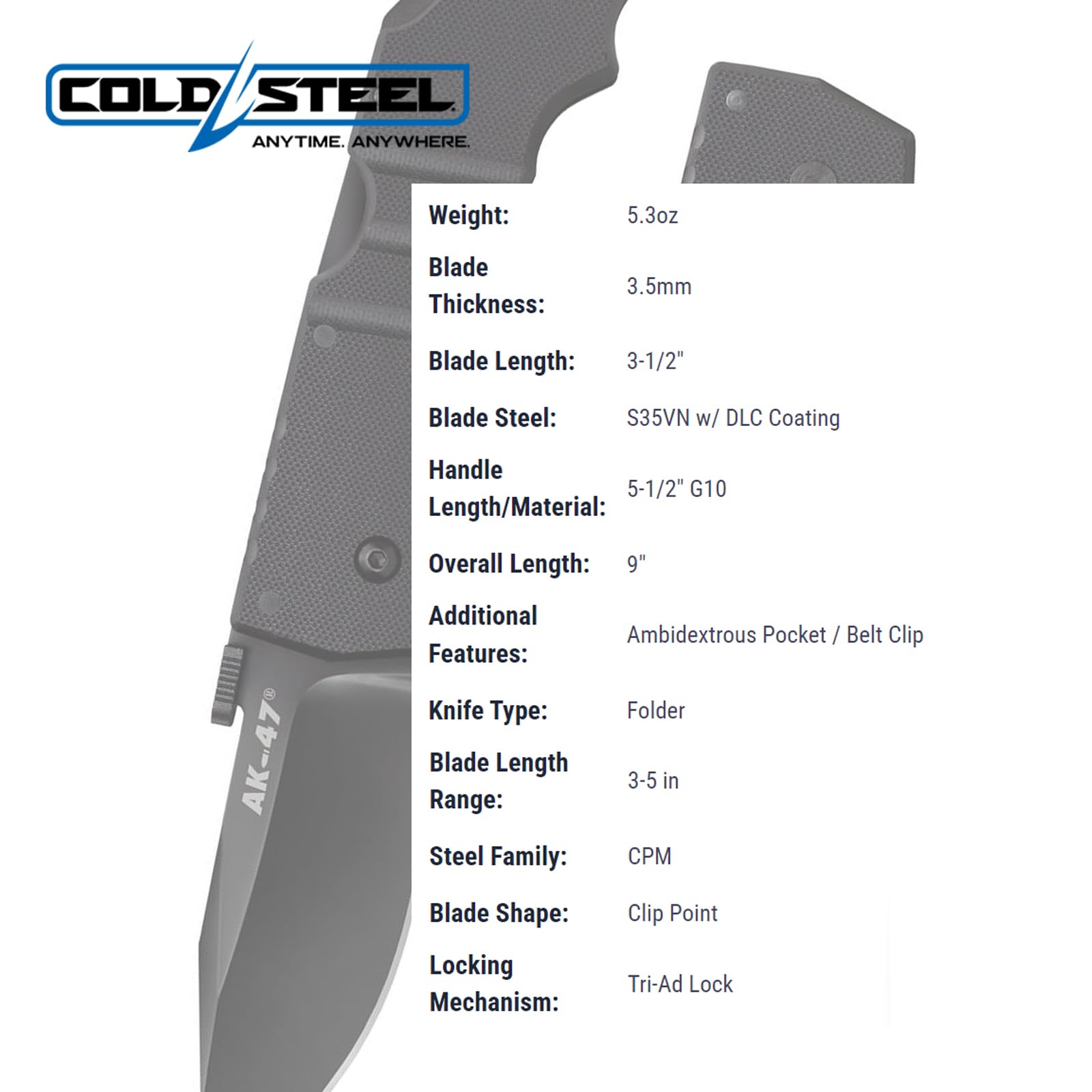 Cold Steel 3.5" AK-47 S35VN Razor-Sharp Clip Point Blade 5.5" G-10 Handle Tactical Folding Knife w/Tri-Ad Lock, Ambidextrous Pocket/Belt Clip