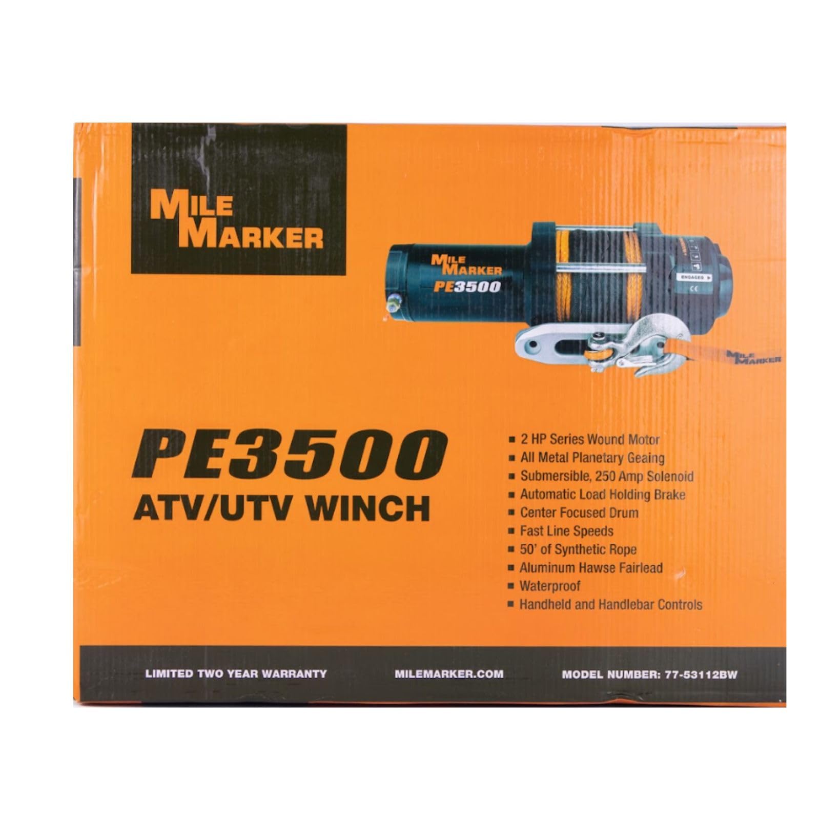 Winch Mile Marker 77-53112BW PE3500 3500 lb Pulling Capacity fits 1993 2000 TRX300 FourTrax - Waterproof, 50′ of Synthetic Rope, 2.4 HP Permanent Magnet Motor, Automatic Load Holding Brake