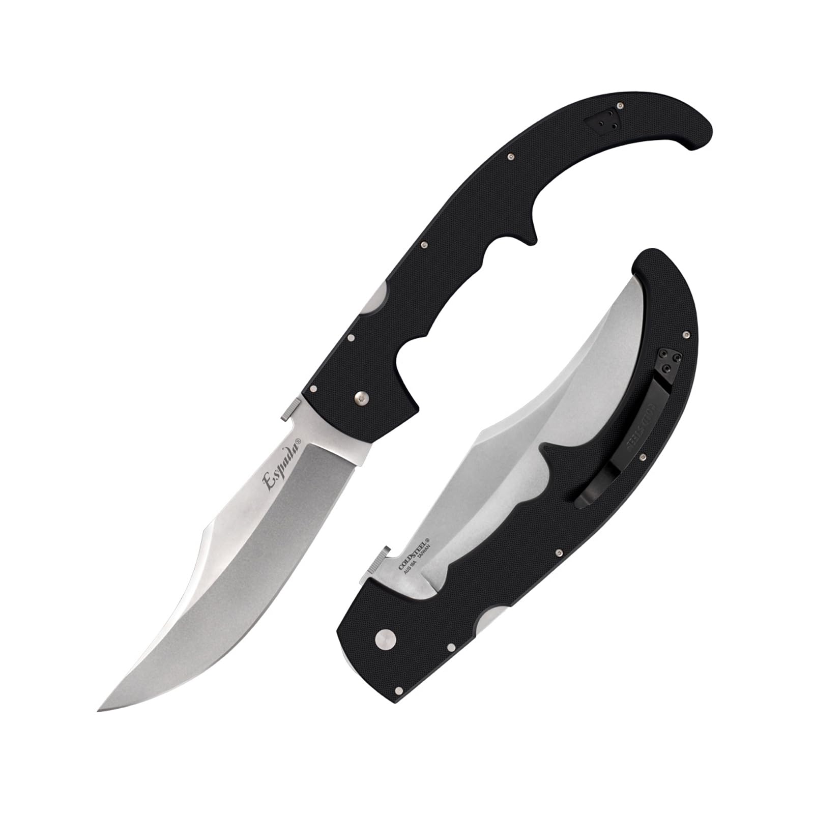 G-10 Cold Steel Folding Knife, X-Large Espada, 7 1/2" stonewashed Blade, Ambidextrous Stainless Pocket/Belt Clip