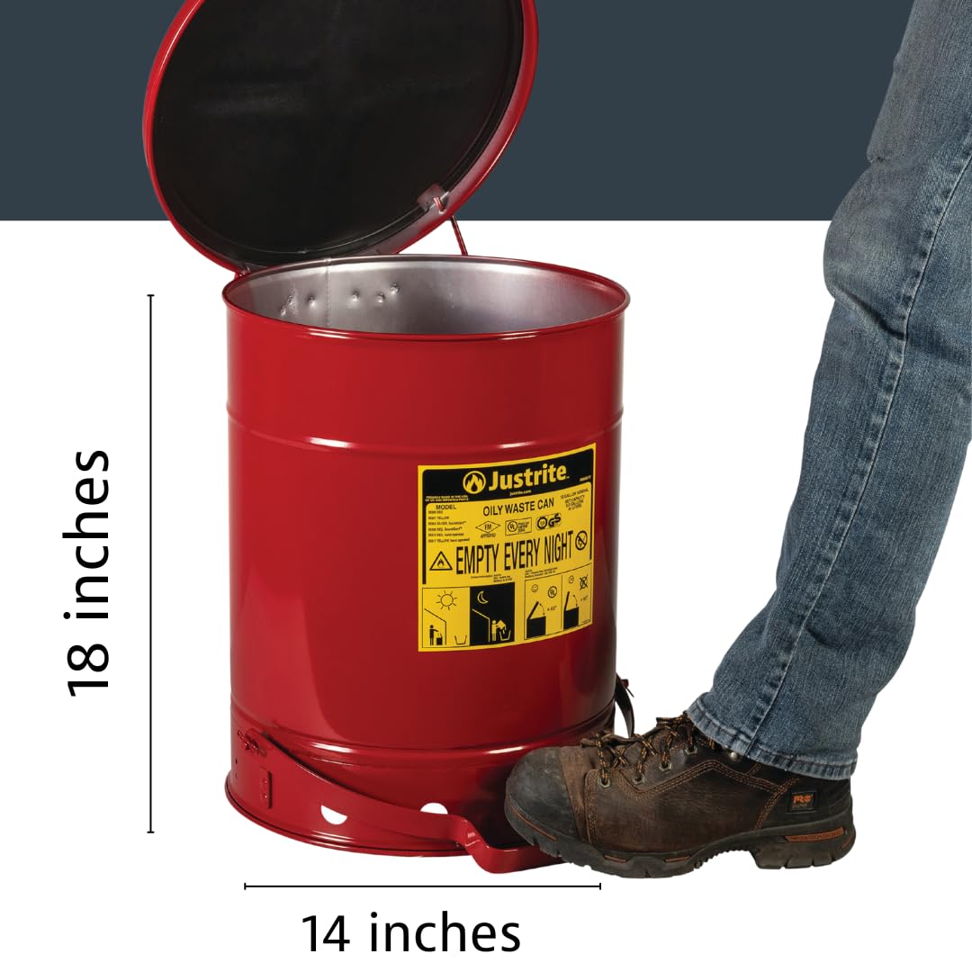 10 Gallon Justrite Galvanized Steel Oily Waste Can, 18" x 14" Metal Oil Rag Safety Can with Quiet Foot Operated Self-Closing Lid for Oil Rag Disposal, Made in The USA, Red, 09308
