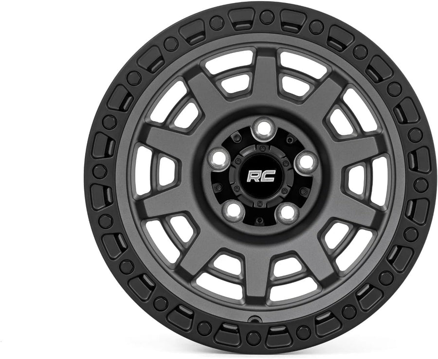 Rough Country One-Piece Aluminum Wheel 85 Series with Simulated Beadlock - 17x9, 6x135mm Bolt Pattern, 12mm Offset, Gunmetal Gray/Black