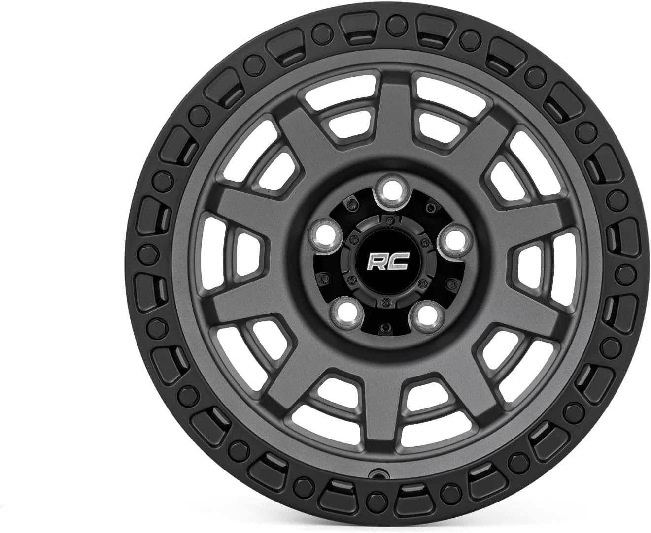 17x9 Rough Country 85 Series Wheel - 5x4.5" Bolt Pattern, 12mm Offset, Gunmetal Gray with Black Simulated Beadlock, One-Piece Aluminum Off-Road Wheel
