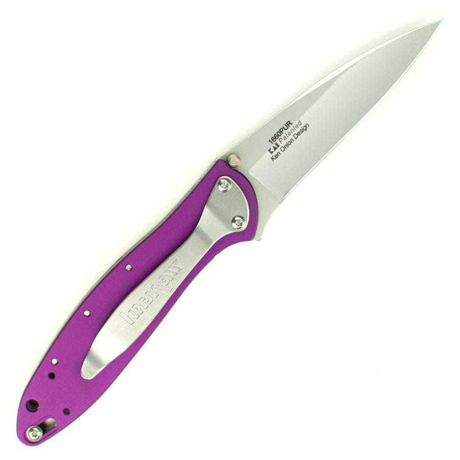 Kershaw Purple Leek Folding Knife (1660PUR); 3 Bead-Blasted High-Performance Sandvik 14C28N Steel Blade, Purple Anodized Aluminum Handle, SpeedSafe Assisted Opening, Liner and Tip Lock Slider, 2.4 OZ